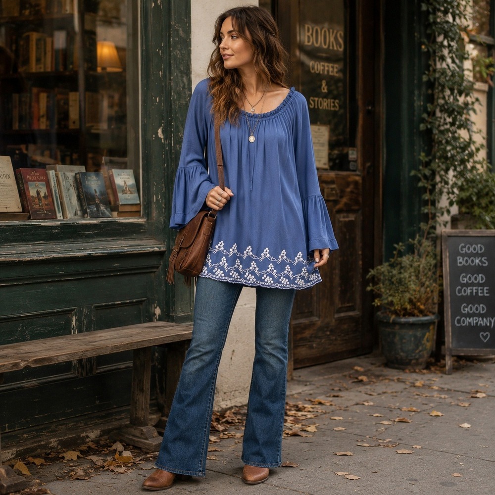 Hannah Blue Embroidered Off the Shoulder Bell Sleeve Tunic Top Medium